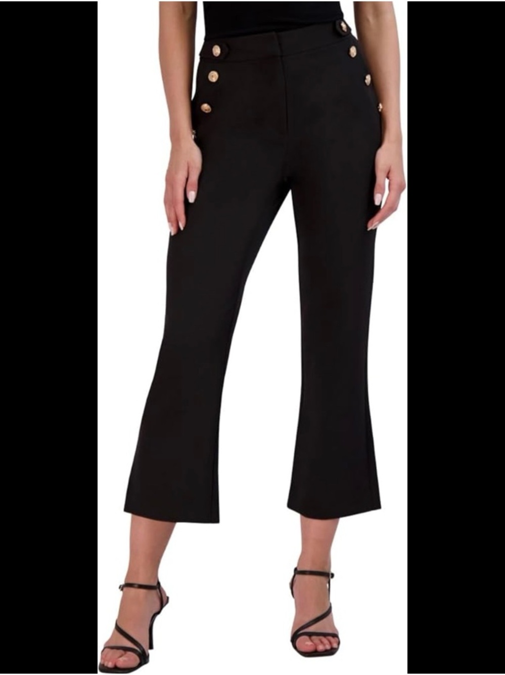 INC International Concepts Black Cropped Flare Pants with Gold Buttons